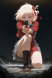  1girl gun highres kneeling lycoris_recoil nishikigi_chisato tagme weapon  rating:General score:14 user:XFR9