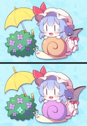  1girl 60mai arms_up back_bow bat_wings black_border black_eyes blue_background blush blush_stickers border bow bush chibi collared_dress commentary_request dress fang flower hair_between_eyes hands_up hat hat_ribbon highres leaf looking_to_the_side looking_up lying mob_cap on_stomach open_mouth pink_bow pink_dress pink_hat pink_ribbon pink_shoes puffy_short_sleeves puffy_sleeves purple_flower purple_hair remilia_scarlet ribbon shadow shoes short_hair short_sleeves smile solo tongue touhou umbrella v-shaped_eyebrows wings wrist_cuffs |_| ||_|| 