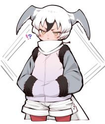  !? bird_girl bird_tail bird_wings black_fur black_hair blush cowboy_shot fur_trim grey_hair grey_jacket hands_in_pockets head_wings high_collar highres jacket kemono_friends kemono_friends_3 long_sleeves looking_at_viewer multicolored_hair notora pantyhose red_pantyhose ross&#039;s_gull_(kemono_friends) shorts tail white_hair white_shorts wings yellow_eyes 