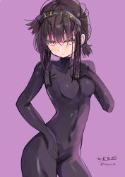  1girl absurdres black_bodysuit black_hair blush bodysuit hachimaki headband highres hizaka kantai_collection medium_hair ponytail red_eyes sidelocks solo teruzuki_(kancolle) twitter_username 