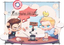  2boys anger_vein angry animification arc_reactor armor avengers_(series) black_shirt blank_speech_bubble blonde_hair blue_eyes blue_pants blue_shirt bolt_(hardware) book border brown_hair clenched_hands coffee commentary cup dumbbell english_commentary facial_hair flying_sweatdrops grey_pants hand_on_own_hip helmet highres looking_at_another male_focus marvel marvel_cinematic_universe mechanical_arms multiple_boys no_mouth open_mouth outside_border pants peachline1106 pencil polka_dot polka_dot_background robot shield shirt short_hair short_sleeves speech_bubble standing star_(symbol) steve_rogers t-shirt table tony_stark v-shaped_eyebrows white_border yellow_armor yellow_background 