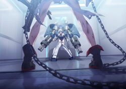  2girls black_gloves black_leotard black_shoes blonde_hair blue_archive chain dirty dirty_clothes elbow_gloves fingerless_gloves from_below game_cg gloves gun head-mounted_display highres holding holding_gun holding_weapon leotard mecha_pilot_suit multiple_girls neru_(blue_archive) non-web_source official_art scar shoes short_hair spoilers submachine_gun toki_(abi-eshuh)_(blue_archive) toki_(blue_archive) torn_clothes weapon 