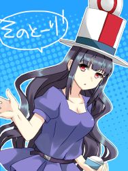 10s 1girl belt black_hair blunt_bangs breasts buttons cleavage dress dutch_angle female_focus halftone halftone_background hat japanese_text long_hair looking_at_viewer medium_breasts nogawa_harumi oda_raika papa_no_iu_koto_wo_kikinasai! pleated_dress puffy_short_sleeves puffy_sleeves purple_dress red_eyes short_sleeves solo speech_bubble top_hat translated very_long_hair rating:Sensitive score:5 user:danbooru