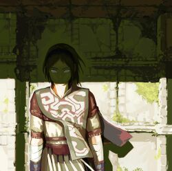  1boy against_wall arms_at_sides bandages belt blue_eyes closed_mouth gloves headband highres looking_at_viewer male_focus moss poncho red_hair shadow shadow_of_the_colossus short_hair standing stone_wall tassel tokumei_wombat wander_(shadow_of_the_colossus) 