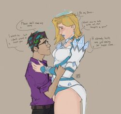  blonde_hair blue_nails blush bruce_banner diamond_(shape) dress emma_frost english_text gem glasses halo highres looking_at_another marvel marvel_rivals mind_reading purple_shirt shirt short_male speech_bubble tagme tall_female thighs white_dress x-men 
