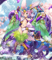  2girls absurdres animal_ears bird_ears bird_legs bird_tail blue_hair blue_pupils blush breasts carol_(clover_theater) clover_theater colored_skin commentary_request consensual_tentacles feathers green_feathers green_wings hair_ornament harpy headdress highres imola_(clover_theater) jewelry large_breasts long_hair monster_girl multiple_girls navel pink_hair purple_eyes purple_skin red_eyes scylla slime_(substance) small_breasts tail talons tentacles veil_removed water winged_arms wings xiaomu314 yuri 