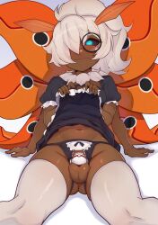  1boy antennae arthropod_boy black_sclera blue_eyes blush chastity_cage colored_sclera creatures_(company) crotch_cutout dark_skin extra_arms game_freak gen_5_pokemon glasses hair_over_one_eye highres jack_rockhardt long_hair maid monocle navel nintendo panties personification poke_ball pokemon premier_ball testicles thighhighs trap unconventional_maid underwear volcarona wavy_mouth white_background white_hair wings 