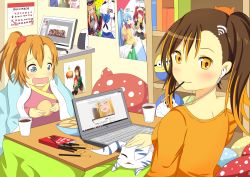  10s 2girls absurdres admiral_(kancolle) ayase_eli bismarck_(kancolle) blouse blush breasts calendar_(object) computer cup danna_ga_nani_wo_itte_iru_ka_wakaranai_ken despicable_me doraemon doraemon_(character) earphones food gaara_(naruto) highres hoshizora_rin kantai_collection koizumi_hanayo kosaka_honoka kotatsu laptop love_live! love_live!_school_idol_project medium_breasts microsoft_windows minion_(despicable_me) multiple_girls naruto_(classic) naruto_(series) nishikino_maki orange_shirt original pocky poster_(object) prinz_eugen_(kancolle) shirt sonoda_umi table tojo_nozomi tsunashi_kaoru wangphing windows_7 yazawa_nico 
