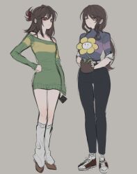 2girls aged_up arm_at_side bare_shoulders black_leggings blue_shirt bong_ut9 breasts brown_hair chara_(undertale) closed_eyes closed_mouth commentary_request converse facing_another flipped_hair flower flower_pot flowey_(undertale) frisk_(undertale) from_below full_body genderswap genderswap_(otf) green_sweater halterneck hand_on_own_hip holding holding_flower_pot holding_phone kneehighs korean_commentary leggings legs_together long_hair long_sleeves looking_at_viewer loose_socks medium_hair multiple_girls off-shoulder_sweater off_shoulder orange_shoes phone ponytail purple_shirt red_eyes shirt shoes small_breasts smile socks standing striped_clothes striped_shirt striped_sweater sweater three-quarter_sleeves turtleneck turtleneck_shirt two-tone_shirt two-tone_sweater u_u undertale very_long_hair white_socks yellow_flower yellow_sweater 