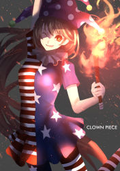  1girl american_flag_dress american_flag_legwear arm_up blonde_hair character_name clownpiece dress female_focus fire hat highres jester_cap kaitou0215 long_hair looking_at_viewer one_eye_closed pantyhose polka_dot red_eyes short_dress smile solo star_(symbol) star_print striped_clothes striped_dress striped_pantyhose torch touhou very_long_hair 
