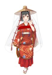 1girl black_hair brown_eyes full_body heian highres ichimegasa nankikatsuura_kiki official_alternate_costume official_art onsen_musume open_hands open_mouth sandals short_hair standing straight-on tabi tongue transparent_background waving zouri 