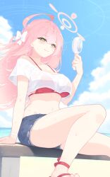  1girl :3 ahoge bare_shoulders bikini blue_archive blue_shorts blue_sky blush bow braid breasts closed_mouth cloud cloudy_sky commentary crop_top day electric_fan fingernails green_eyes hair_between_eyes hair_bow halo hanako_(blue_archive) hand_fan highres holding holding_fan large_breasts long_hair nail_polish navel ocean outdoors parsleyshrimp pink_hair pink_halo pink_nails red_bikini ribbon shirt short_sleeves shorts sitting sky solo stomach sweat swimsuit thighs white_bow white_ribbon white_shirt wrist_ribbon 