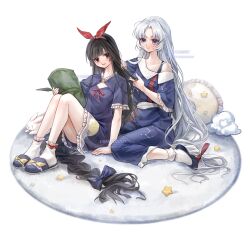  2girls 80isiiii absurdly_long_hair absurdres alternate_costume black_hair blue_eyes blue_pajamas blue_slippers blush braid brown_eyes collarbone commission full_body hair_brush hair_ribbon highres holding holding_pillow houraisan_kaguya long_hair looking_at_another multiple_girls pajamas pillow rabbit ribbon short_sleeves single_bare_shoulder sitting slippers smile socks touhou very_long_hair wariza white_hair white_socks yagokoro_eirin 