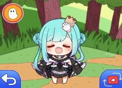 0725akaba 1girl absurdres arrow_(symbol) barefoot black_dress black_jacket blue_hair blurry blurry_background blush bug butterfly chibi closed_eyes commentary_request crown depth_of_field double_bun dress facing_viewer forest frilled_dress frills gradient_hair hair_bun hand_cursor highres hololive insect jacket jacket_on_shoulders long_hair mini_crown multicolored_hair nature nintendo open_mouth parody pink_hair play_button pokemon pokemon-amie pokemon_xy solo tilted_headwear tree twintails twitter_username uruha_rushia uruha_rushia_(3rd_costume) very_long_hair virtual_youtuber