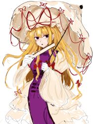  1girl 83mkneinlsqmebq absurdres blonde_hair bow breasts commentary_request cowboy_shot frills hair_between_eyes hair_bow hand_fan hands_up hat hat_ribbon highres holding holding_fan holding_umbrella juliet_sleeves long_hair long_sleeves looking_afar mandarin_collar medium_breasts mob_cap open_mouth puffy_sleeves purple_eyes purple_tabard red_bow red_ribbon ribbon sidelocks simple_background solo standing tabard touhou umbrella wavy_hair white_background white_hat wide_sleeves yakumo_yukari 