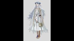  1girl absurdres barefoot blue_eyes braid branch concept_art cracked_skin doll_joints dress elden_ring elden_ring_nightreign flower_wreath full_body game_cg gold_trim head_wreath highres holding holding_branch jewelry joints long_hair looking_at_viewer low_twin_braids official_art revenant_(elden_ring) solo third-party_source torn_clothes twin_braids veil white_dress white_hair 