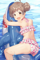 1girl absurdres bikini brown_hair cowlick frilled_bikini frills hair_bun hakozaki_serika highres idolmaster idolmaster_million_live! inflatable_shark inflatable_toy looking_at_viewer open_mouth pool single_hair_bun solo swimsuit wet yellow_eyes yoshika_(music480069) rating:Sensitive score:106 user:danbooru
