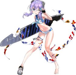  1girl bad_link bikini blue_bikini blue_eyes breasts commentary_request crocs full_body hair_ribbon headgear kantai_collection langley_(kancolle) langley_(swimsuit)_(kancolle) looking_at_viewer medium_hair naval_flag official_alternate_costume official_art one_eye_closed purple_hair ribbon shoes simple_background single_shoe small_breasts solo swimsuit third-party_source translation_request transparent_background white_shoes zeco 