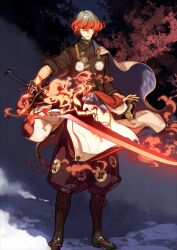  1boy belt black_boots black_gloves black_jacket boots brown_belt cape closed_mouth collared_cape fate/grand_order fate_(series) fire flaming_sword flaming_weapon floating_clothes floating_hair full_body game_cg gloves glowing glowing_sword glowing_weapon gradient_hair grey_hair hair_between_eyes hands_up hidari_(left_side) high_collar holding holding_sword holding_weapon jacket looking_at_viewer male_focus multicolored_hair official_art onikiri_yasutsuna_(fate) pom_pom_(clothes) puffy_pants red_eyes red_hair shanghai_neckline short_hair shoulder_belt side_cape single_glove solo standing sword third-party_source three-quarter_sleeves two-sided_cape two-sided_fabric unsheathed variant_set watanabe_no_tsuna_(fate) weapon white_cape 