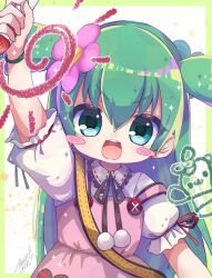  1girl bag blush_stickers child child&#039;s_drawing crayon crayon_drawing dress emil_chronicle_online green_eyes green_hair highres holding holding_crayon long_hair looking_at_viewer open_mouth pink_dress satsuki_atan shabotan_alma shoulder_bag two_side_up 