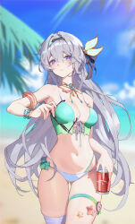  1girl absurdres alternate_costume beach bikini black_hairband blue_pupils blue_sky blurry blurry_background bracelet breasts can cowboy_shot cross-laced_bikini cross-laced_clothes day firefly_(honkai:_star_rail) front-tie_bikini_top front-tie_top grey_hair hairband highres holding holding_can holding_removed_eyewear honkai:_star_rail honkai_(series) jewelry long_hair medium_breasts outdoors palm_tree parted_lips purple_eyes qian_qian_qian single_thighhigh skindentation sky solo sunglasses swimsuit thigh_strap thighhighs tree unworn_eyewear white_thighhighs 