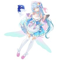  1girl ahoge aoi_minato_(vtuber) blue_dress blue_eyes blue_hair blue_sleeves blush bracelet breasts cleavage colored_inner_hair coral_hair_ornament detached_sleeves dolphin dress full_body gradient_hair hair_between_eyes hair_ornament heterochromia highres holding holding_tray jewelry large_breasts long_hair looking_at_viewer luminaria_pro multicolored_hair myusha official_art pink_hair pink_shoes shell_hair_ornament shoes solo star_(symbol) star_hair_ornament streaked_hair thighhighs tray white_thighhighs yellow_eyes 