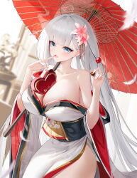  1girl :d absurdres ahoge bare_shoulders blue_eyes blunt_bangs blush box box_of_chocolates breasts candy chocolate chocolate_heart cleavage collarbone commentary english_commentary eyeliner falling_feathers feathers finger_to_mouth flower food gem gold_trim hair_flower hair_ornament hands_up heart heart-shaped_box heart-shaped_food heart_ahoge highres holding holding_chocolate holding_food index_finger_raised indoors japanese_clothes kimono large_breasts long_hair looking_at_viewer makeup object_on_breast oil-paper_umbrella open_mouth original pink_flower print_kimono red_eyeliner red_gemstone sash smile solo standing tsuru_ai_momono two-tone_kimono umbrella valentine very_long_hair white_hair white_kimono wide_sleeves 