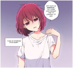  1girl aquakana_love arima_kana bite_mark bite_mark_on_neck collarbone english_text gradient_background highres jacket jewelry looking_at_viewer medium_hair open_clothes open_jacket oshi_no_ko purple_background red_eyes red_hair ring shirt short_hair short_sleeves solo speech_bubble straight_hair t-shirt v-shaped_eyebrows wedding_ring white_shirt 