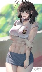 1girl abs absurdres antenna_hair arm_at_side arm_under_breasts artist_name black_choker blurry blurry_background blush bra_visible_through_clothes breast_pocket breasts brown_eyes brown_hair choker collarbone collared_shirt commentary cowboy_shot crop_top crossed_bangs dated day depth_of_field earrings embarrassed emblem english_commentary grey_skirt hair_between_eyes hand_on_own_elbow highres jewelry large_breasts letterboxed long_bangs microskirt muscular muscular_female navel open_mouth original outdoors outside_border pencil_skirt pocket school_uniform shirt short_hair_with_long_locks short_sleeves skirt skirt_tug standing stomach stud_earrings sunlight tree undersized_clothes white_shirt zaenathi 