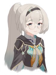  1girl absurdres black_hairband black_jacket closed_mouth collared_shirt cropped_jacket firefly_(honkai:_star_rail) glasses gradient_eyes gradient_hair green_pupils grey_hair hair_between_eyes hair_intakes hairband highres honkai:_star_rail honkai_(series) jacket long_hair multicolored_eyes multicolored_hair neckerchief orange_neckerchief ponytail pyarthra round_eyewear shirt simple_background smile solo white_background white_shirt white_sleeves 