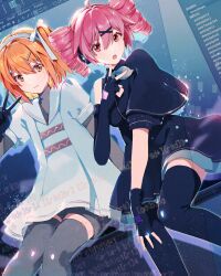  2girls a.i._voice adachi_rei ahoge alternate_costume asymmetrical_gloves black_dress black_gloves black_shorts black_thighhighs breasts dress drill_hair elbow_gloves feet_out_of_frame fingerless_gloves flat_chest fuyuki_eru gloves hair_between_eyes hair_ornament hair_ribbon hairband hairclip hand_up highres kasane_teto looking_at_viewer medium_breasts multiple_girls open_mouth orange_eyes orange_hair red_hair ribbon shorts side_ponytail thighhighs twin_drills uneven_gloves utau v white_dress white_hairband white_ribbon 