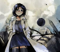  1girl black_hair black_thighhighs blouse blue_shirt breasts closed_mouth coat collarbone commentary_request cowboy_shot garter_straps glasses hands_in_pockets head_tilt highres kaigen_1025 kioh_gyoku lab_coat long_coat long_sleeves medium_breasts miniskirt morgan_(seihou) open_clothes open_coat purple_skirt seihou shirt skirt solo thighhighs white_coat zettai_ryouiki 