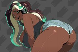  1girl ass bent_over breasts bursting_breasts cleavage crop_top denim denim_shorts female_focus green_outline grey_background headphones highres huge_ass huge_breasts jxzuke looking_at_viewer looking_back marina_(splatoon) nintendo octoling outline shiny_skin shorts smile solo splatoon_(series) splatoon_2 thick_thighs thighs  rating:Questionable score:22 user:Orphan_crippler