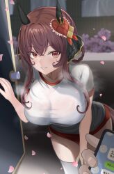  1boy 1girl absurdres animal_ears braid braided_hair_rings breasts buruma cellphone cellphone_photo chat_log ear_covers feriri gentildonna_(umamusume) grin gym_uniform hair_rings heart-shaped_ornament heart_ear_ornament highres holding holding_phone horse_ears horse_girl large_breasts leaning_forward looking_at_viewer open_door outdoors petals phone pov pov_hands red_buruma see-through_clothes see-through_shirt shirt smile solo_focus steaming_body sweat tracen_training_uniform umamusume wet wet_clothes wet_shirt window 