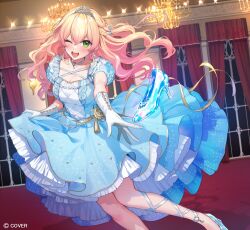  1girl ;d bibbidiba_(hololive) blonde_hair blue_dress braid chandelier choker commentary_request copyright_notice crossed_bangs double-parted_bangs dress earrings frilled_dress frills glass_heels gloves gradient_hair green_eyes hair_between_eyes high_heels hitomyan hololive indoors jewelry lace lace-trimmed_dress lace_trim layered_skirt long_hair looking_at_viewer momosuzu_nene multicolored_hair o-ring o-ring_choker official_art one_eye_closed open_mouth pink_hair reaching side_braid skirt smile solo teeth tiara upper_teeth_only virtual_youtuber white_gloves 