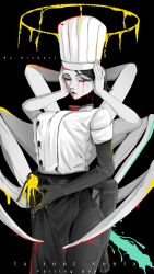  1girl absurdres artist_name black_background black_gloves black_hair blood blood_on_hands bloody_tears chainsaw_man character_name chef_hat closed_eyes decapitation elbow_gloves extra_arms falling_devil_(chainsaw_man) gloves halo hat highres holding_detached_head risdandr shirt solo standing white_hat white_shirt 