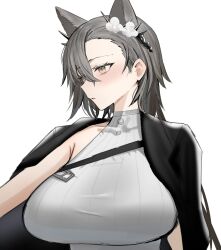  1girl animal_ears arknights blush breasts extra_ears hair_between_eyes highres horn/wood jacket jacket_on_shoulders large_breasts long_hair looking_to_the_side mole mole_above_eye open_mouth penance_(arknights) shirt simple_background sleeveless sleeveless_shirt solo turtleneck turtleneck_shirt upper_body white_background white_shirt wolf_ears wolf_girl 