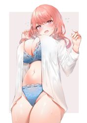 1girl absurdres blue_bra blue_panties blush bra breasts commentary_request cowboy_shot hands_up highres inui_shinju large_breasts long_hair long_sleeves looking_at_viewer navel open_clothes open_mouth open_shirt panties purple_eyes red_hair shirt solo sono_bisque_doll_wa_koi_wo_suru thighs underwear white_shirt yukineko1018 rating:Questionable score:123 user:danbooru