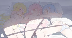 3girls ahoge blonde_hair blue_eyes blue_hair blush cameltoe camisole closed_eyes encore_(wuthering_waves) highres loli long_hair looking_at_viewer lying medium_hair midriff multiple_girls on_stomach panties pillow pink_hair sidelocks sleeping underwear verina_(wuthering_waves) white_camisole white_panties wuthering_waves xaea_xp youhu_(wuthering_waves) rating:Questionable score:222 user:danbooru