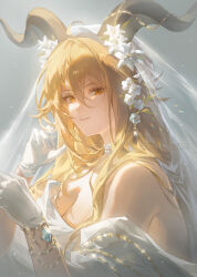  1girl alternate_costume animal_ears arknights bare_shoulders blonde_hair bridal_veil degenbrecher_(arknights) dress flower goat_ears goat_girl goat_horns hair_between_eyes hair_flower hair_ornament helen_zzhao highres horns long_hair looking_at_viewer off-shoulder_dress off_shoulder orange_eyes parted_lips smile solo upper_body veil wedding_dress white_dress white_flower white_veil 