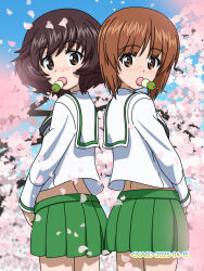  2girls akiyama_yukari blush brown_eyes brown_hair cherry_blossoms girls_und_panzer looking_at_viewer multiple_girls naotosi nishizumi_miho ooarai_school_uniform outdoors school_uniform short_hair  rating:General score:2 user:tanaab1234567890