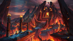  1boy 1other animal chain chinnkun cliff cloud cloudy_sky demon fantasy fire floating_rock from_behind landscape lava mountain original painterly panther rock ruins sky volcano 