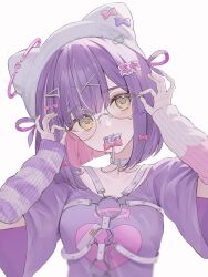  1girl animal_hat blush bow candy cat_hat chest_harness choker food glasses hair_bow hair_ornament hairclip harness hat highres lollipop looking_at_viewer mouth_hold nakashima_(pluscolor) purple_hair purple_shirt shinomiya_runa shinomiya_runa_(4th_costume) shirt simple_background solo t-shirt virtual_youtuber vspo! white_background white_choker white_hat x_hair_ornament yellow_eyes 