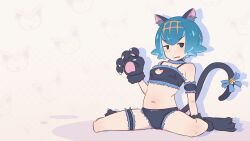 1girl absurdres animal_ear_fluff animal_ears animal_hands arm_support blue_hair blush bra breasts cat_ears cat_lingerie cat_tail derivative_work fake_animal_ears fake_tail gloves greatm8 hairband highres jewelry lana_(pokemon) loli looking_at_viewer meme_attire midriff navel nintendo onii-chan_wa_oshimai! panties paw_gloves paw_shoes pokemon pokemon_sm screenshot_redraw sitting small_breasts solo spread_legs stomach tail thighlet underwear yellow_hairband rating:Sensitive score:350 user:danbooru