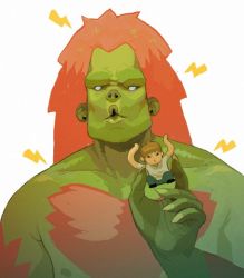 1990s_(style) 2boys :o blanka capcom character_doll chest_hair collarbone colored_skin contraomnes doll fingernails green_skin jpeg_artifacts male_focus multiple_boys nail_(hardware) nipples ono_yoshinori orange_hair pouty_lips retro_artstyle role_reversal sharp_fingernails short_hair street_fighter street_fighter_ii_(series) white_eyes
