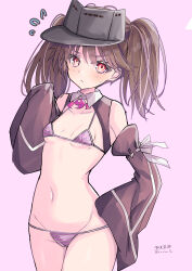  1girl absurdres adapted_costume bikini breasts brown_eyes brown_hair brown_sleeves cowboy_shot detached_sleeves flying_sweatdrops grey_bikini highres hizaka kantai_collection long_hair magatama micro_bikini navel one-hour_drawing_challenge red_eyes ryuujou_(kancolle) small_breasts solo swimsuit twintails visor_cap 