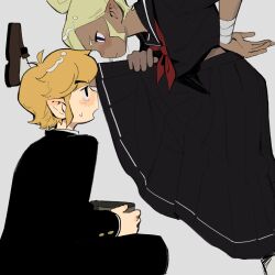  1boy 1girl alternate_costume assertive_female black_eyes black_jacket black_sailor_collar black_shirt black_shoes black_skirt blonde_hair blush commentary_request contemporary dark-skinned_female dark_skin eye_contact gakuran grey_background highres jacket link long_skirt long_sleeves looking_at_another looking_up neckerchief necktie nintendo open_mouth pantyhose pointy_ears red_necktie sailor_collar school_uniform senzo6700 shirt shoes short_hair simple_background skirt sweatdrop tetra the_legend_of_zelda the_legend_of_zelda:_the_wind_waker toon_link white_pantyhose 