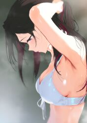  1girl absurdres adjusting_hair azki_(hololive) bikini black_hair blush breasts cleavage closed_mouth cohi27151463 colored_inner_hair from_side front-tie_bikini_top front-tie_top highres hololive long_hair looking_down medium_breasts mole mole_under_eye multicolored_hair profile purple_eyes red_hair sideboob solo steam sweat swimsuit two-tone_hair tying_hair upper_body virtual_youtuber white_bikini 
