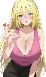  1girl absurdres bare_shoulders black_skirt blonde_hair blue_eyes blush boruto:_naruto_next_generations breasts cleavage commentary commission english_commentary facial_mark genderswap highres large_breasts looking_at_viewer mango_(mango0208) naruto_(series) one_eye_closed open_mouth pink_shirt pixiv_commission sexy_no_jutsu shirt skirt solo uzumaki_boruto whisker_markings 