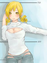  1girl bikini_jeans blonde_hair blush breasts cleavage cleavage_cutout clothing_cutout denim drill_hair female_focus fumo_(hetarialovedesu) highres jeans long_hair lowleg lowleg_pants mahou_shoujo_madoka_magica mahou_shoujo_madoka_magica_(anime) medium_breasts medium_hair meme_attire open-chest_sweater pants sketch solo stadiometer sweater tomoe_mami turtleneck turtleneck_sweater twin_drills yellow_eyes 